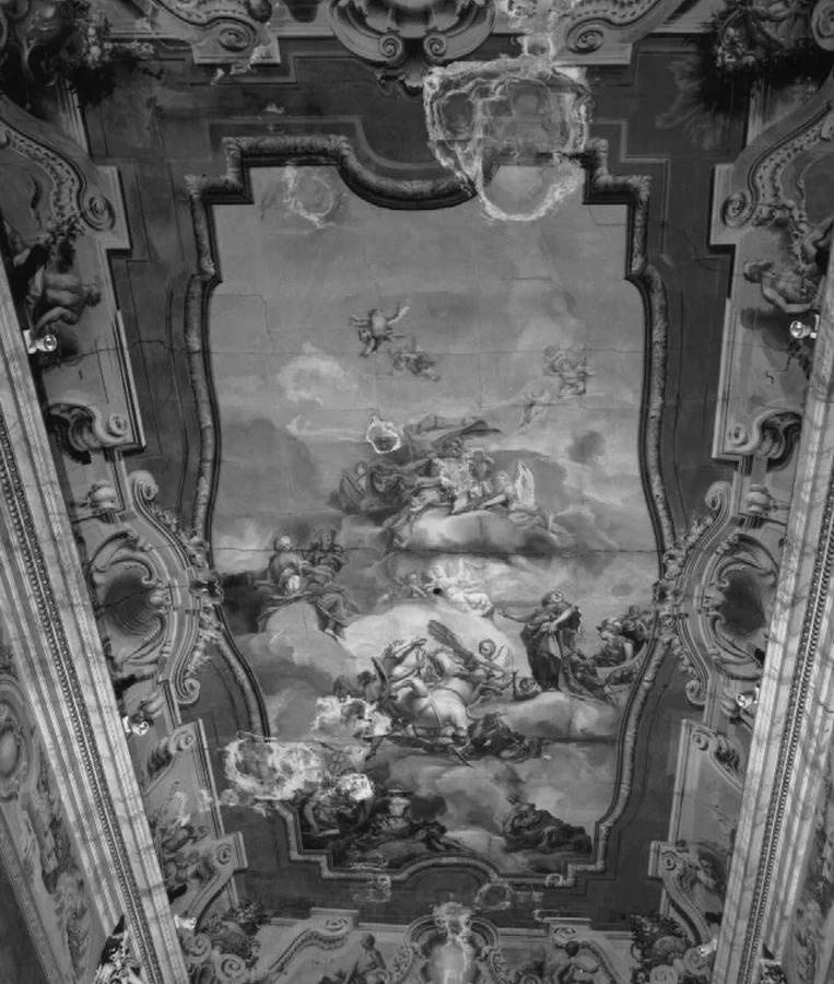 Soffitto dipinto con riquadro centrale con storie mitologiche - Palazzo Serpini Salvetti Paletta Dai Pre', Verona